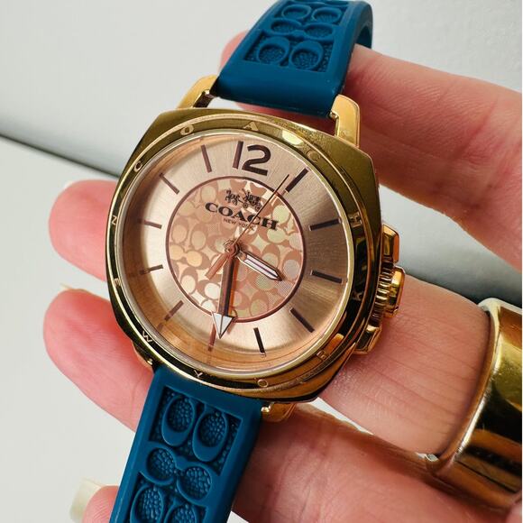 Coach Gold Mini Boyfriend Watch with Signature Blue Rubber Band - Picture 6 of 16